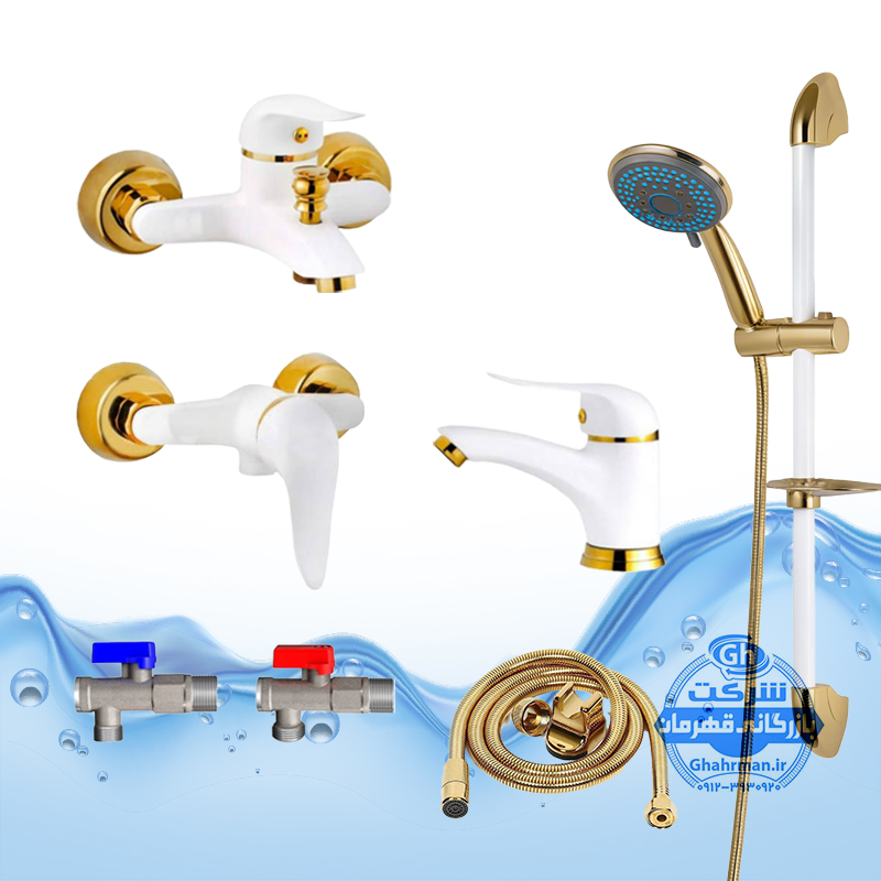 ست ۸ عددی شیرآلات برند آیدا صنعت مدل قهرمان اردکی | شیر ظرفشویی + دو عدد روشویی + حمام + دو عدد توالت + علم دوش یونیکا + شلنگ توالت + فلاش تانک | سفید طلایی