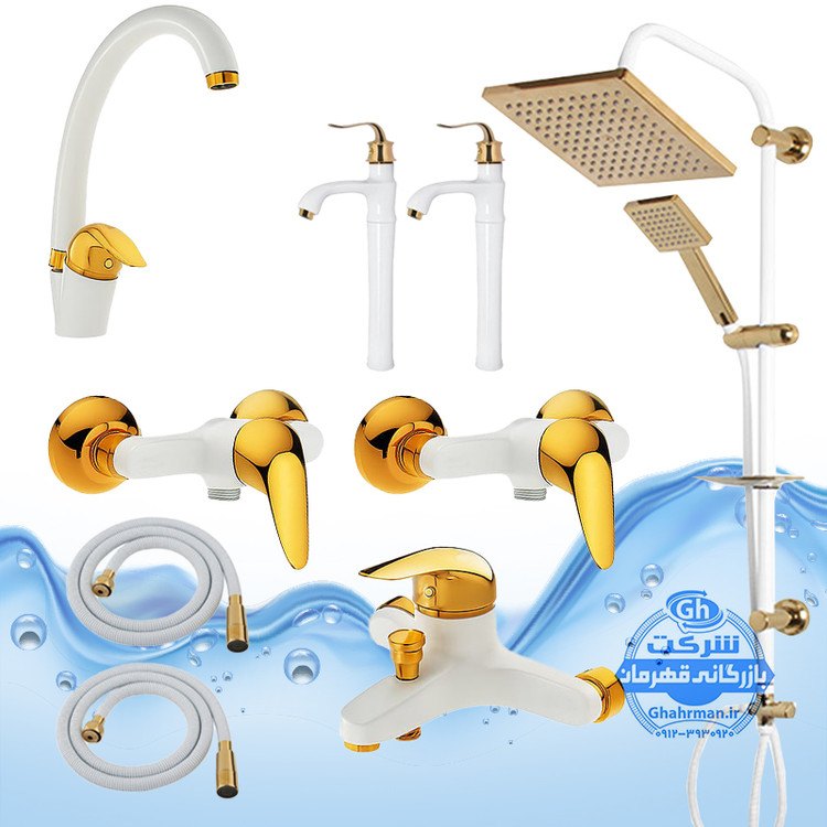ست ۹ عددی شیرآلات برند آیدا صنعت مدل دنیز | شیر روشویی + حمام + دو عدد توالت + علم دوش یونیورست مدل شیپوری + دو شلنگ توالت + دو عدد شیر پیسوار | مشکی طلایی
