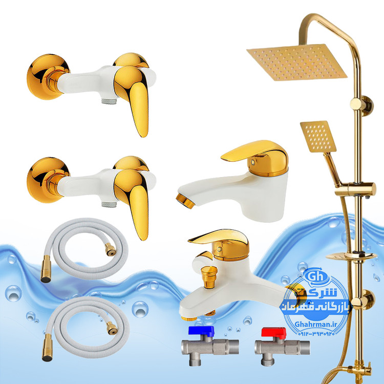 ست ۹ عددی شیرآلات برند آیدا صنعت مدل دنیز | شیر روشویی + شیر حمام + دو عدد شیر توالت + علم دوش یونیکا + دو عدد شلنگ توالت + دو عدد شیر پیسوار | مشکی طلایی