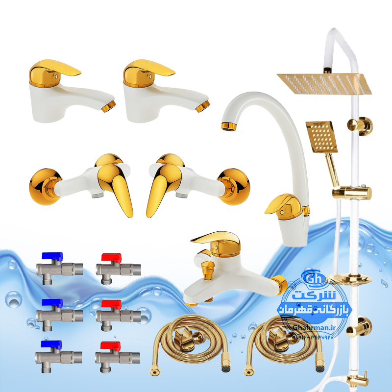 ست ۲۰ عددی شیرآلات برند آیدا صنعت مدل دنیز | دو عدد شیر ظرفشویی + دو عدد شیر روشویی + دو عدد شیر حمام + دو عدد شیر توالت + دو عدد علم دوش یونیورست مدل شیپوری کروم + دو عدد شلنگ توالت + دو عدد شلنگ استیل + هشت عدد شیر پیسوار | مشکی طلایی