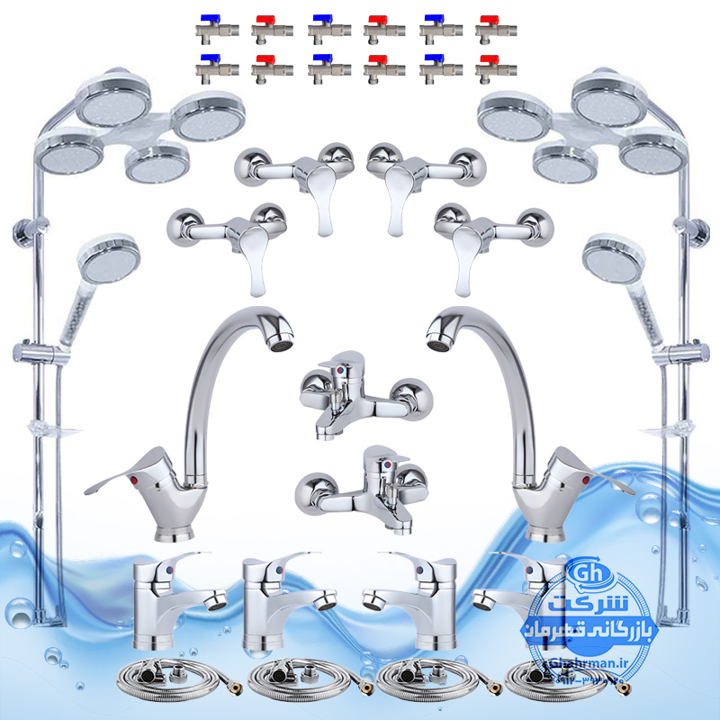 ست ۳۰ عددی شیرآلات برند آیدا صنعت مدل لاله | دو عدد شیر ظرفشویی + چهار عدد شیر روشویی + دو عدد شیر حمام + چهار عدد شیر توالت + دو عدد علم دوش یونیورست مدل هلی شاتی + چهار عدد شلنگ توالت + دوازده عدد شیر پیسوار | کروم براق ( استیل براق )